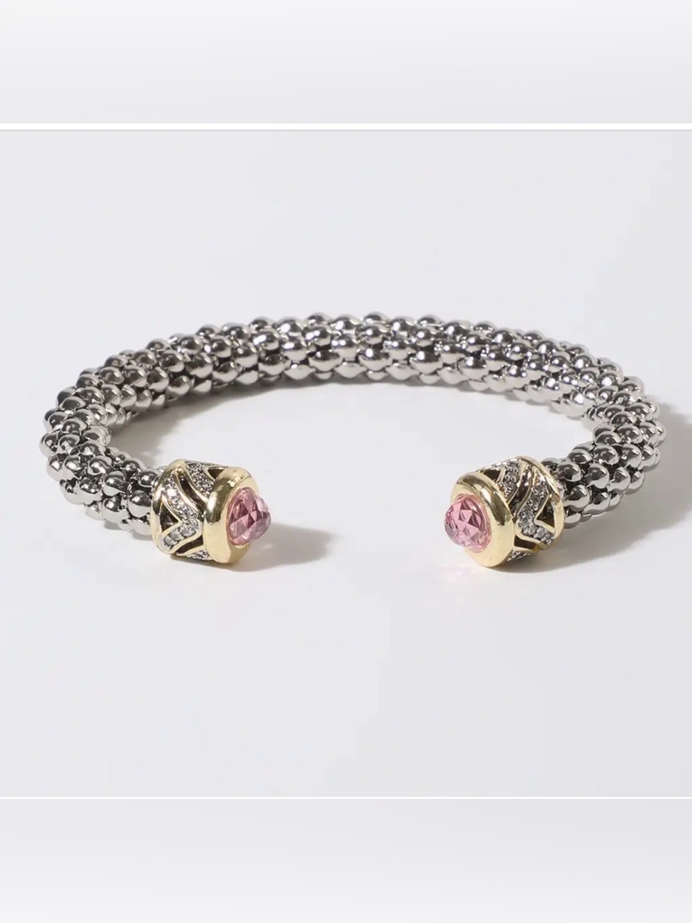 Two-Tone Braided Mesh Cuff Bracelet with Pavé CZ and Pink Gem Cap